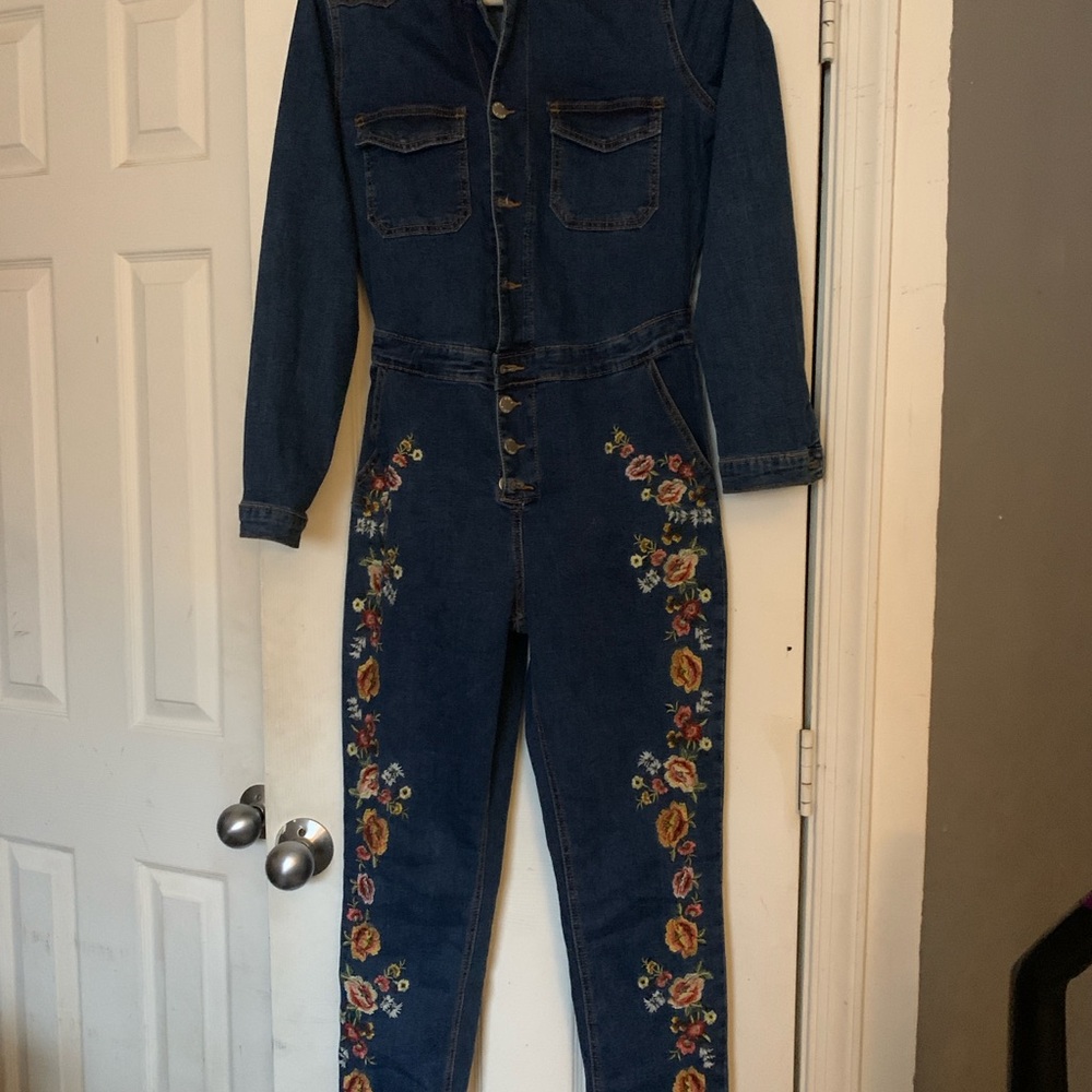Venus Embroidered Floral Dark Wash Denim Jumpsuit